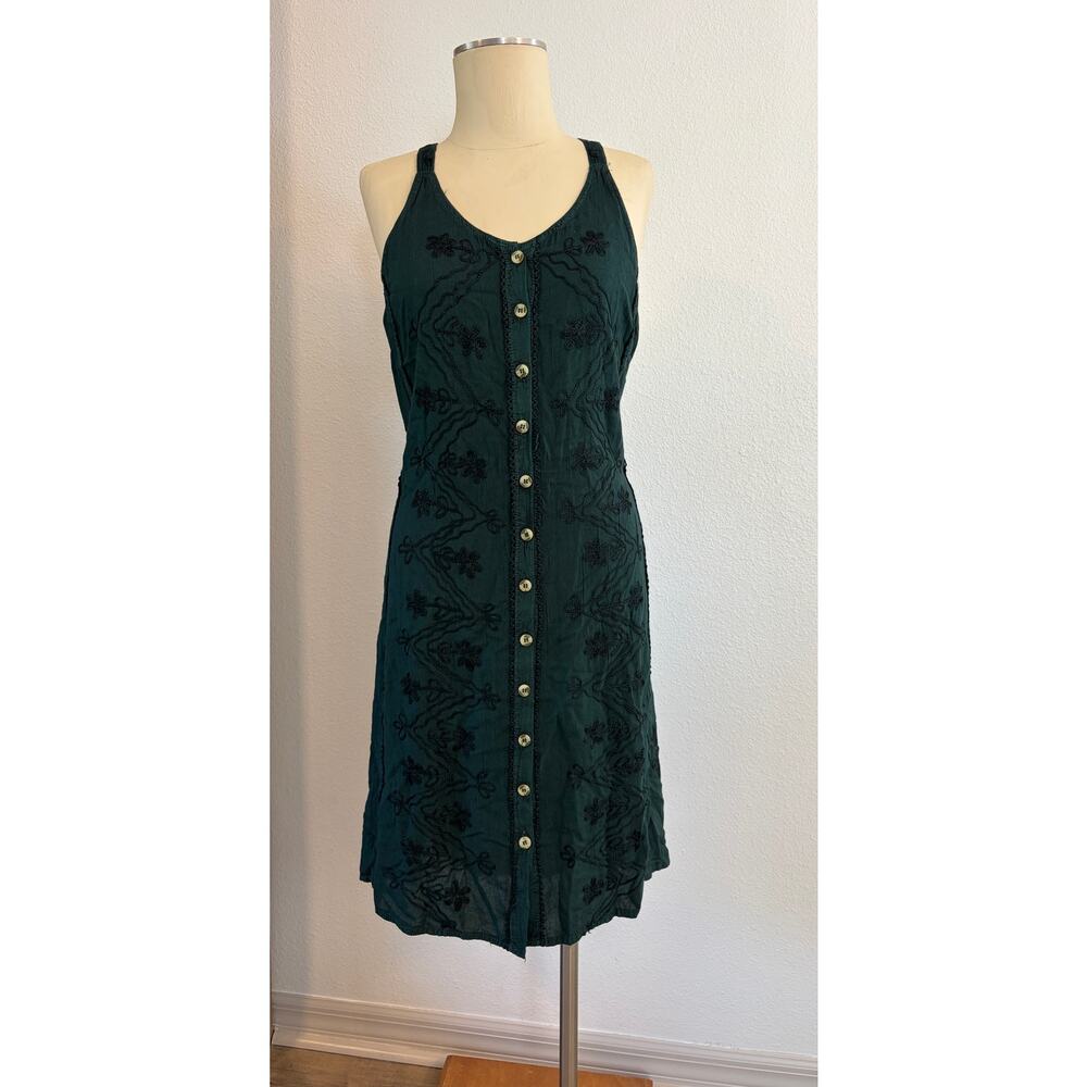 Cute Options Green Embroidered Button Front Dress Boho Tie Back Size Free Size